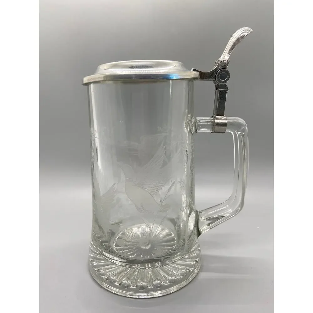 Glass Etched Duck and Pond Scene Metal Lid Stein